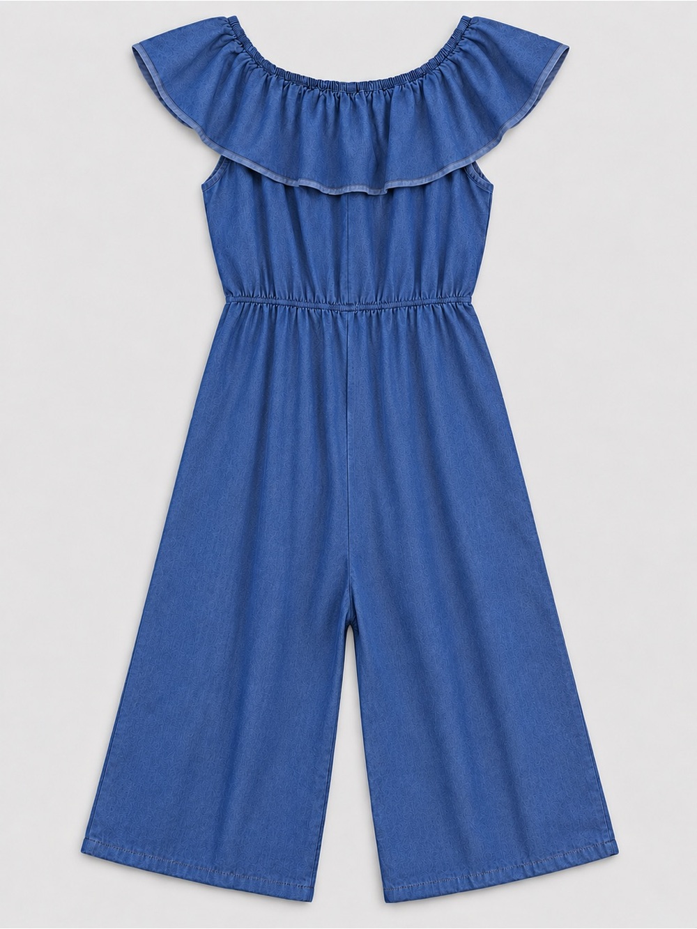 Wrapper Large Blue Chambray Off Shoulder Ruffle Wide Leg Jumpsuit Pockets Boho